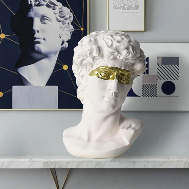 Modern Abstract Masked David Head Bust Statue Black White Golden Miniature Desktop Sculpture For Living Room Dining Room Home Office Nordic Decor